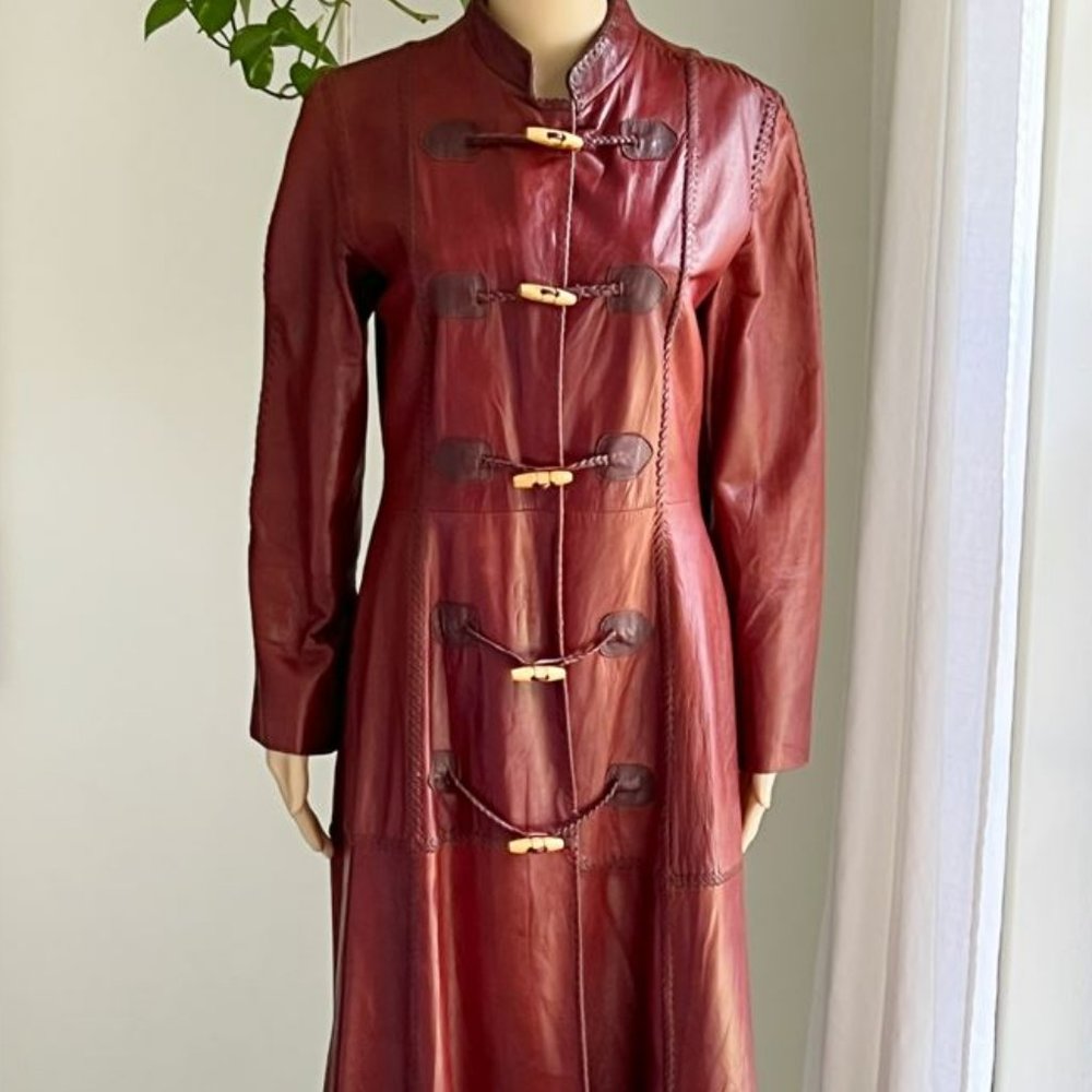 Vintage 1970s Cherry Brown Soft Leather Whipstitch Duster Midi Trench Coat RARE